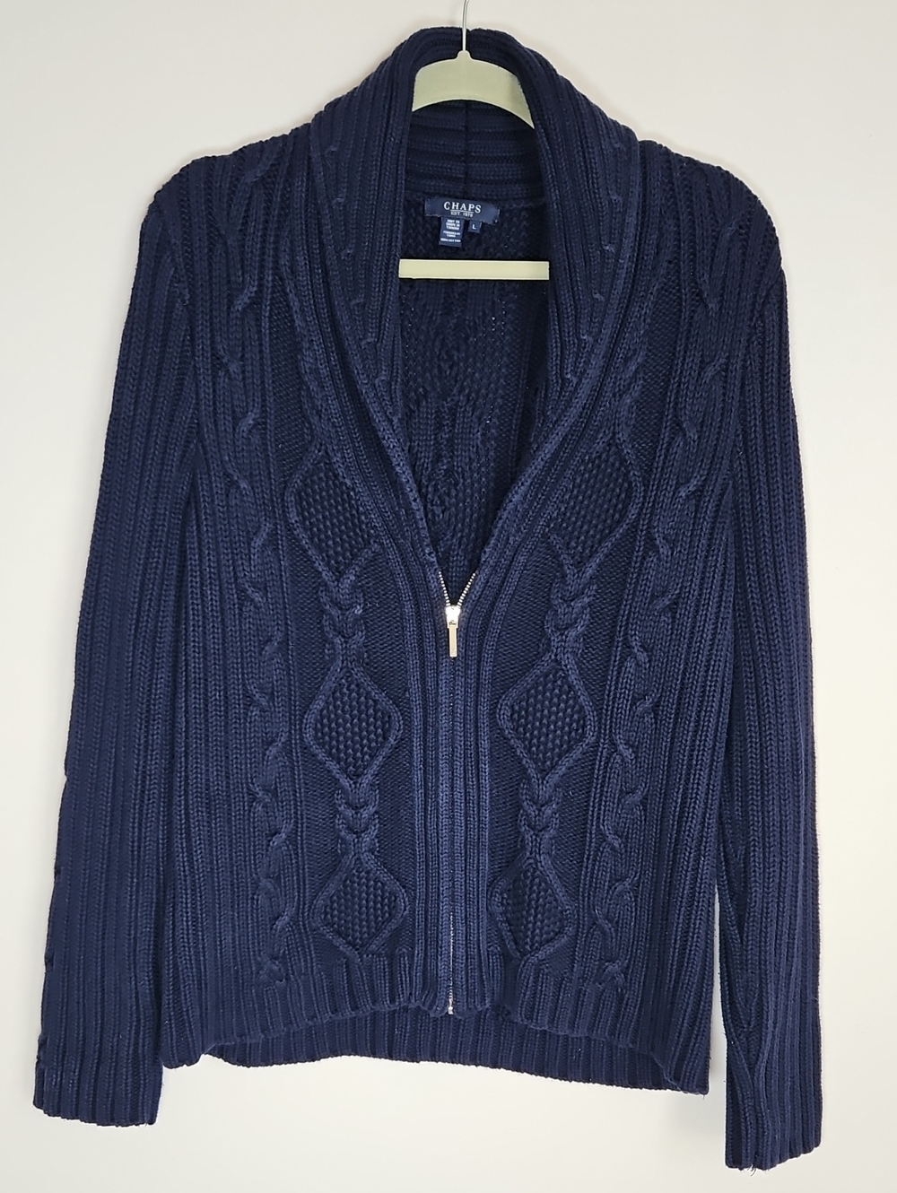 Chaps 100% Cotton Shawl Collar Cable Knit Zip Cardigan Navy LG Heritage Academia